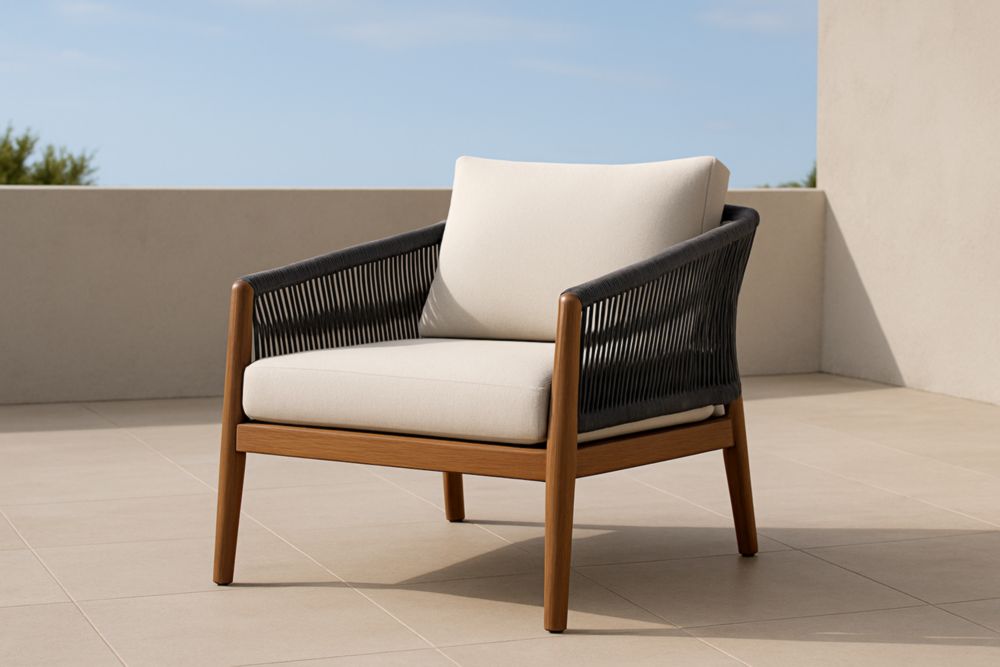 Poltrona da Esterno in Teak con Corda e Cuscini Beige