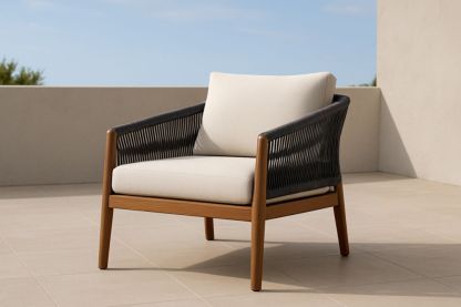 Poltrona da Esterno in Teak con Corda e Cuscini Beige