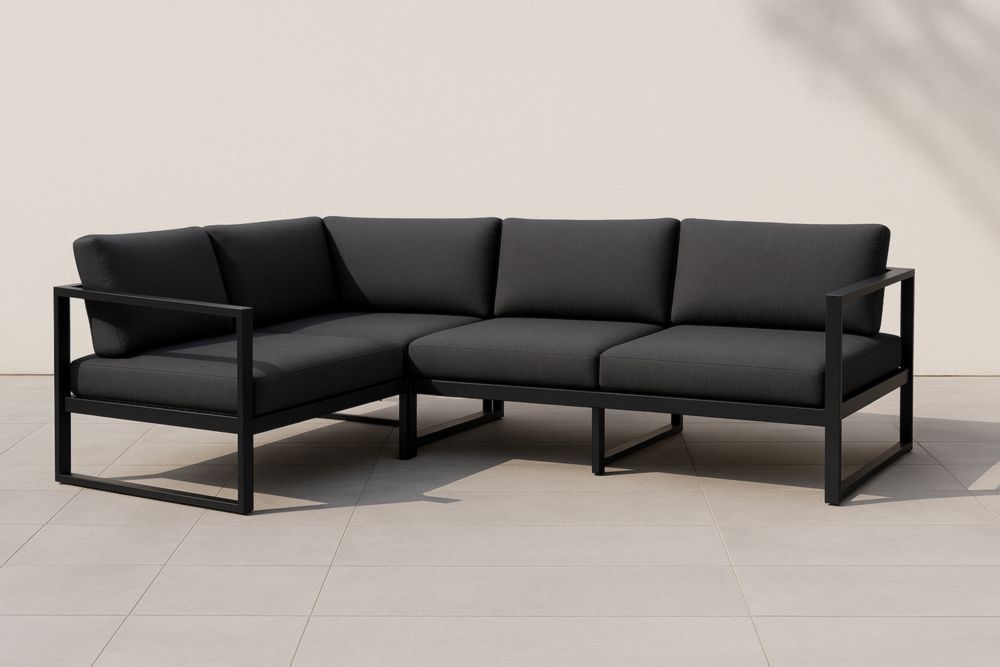 Divano angolare da giardino in metallo nero con cuscini in poliestere