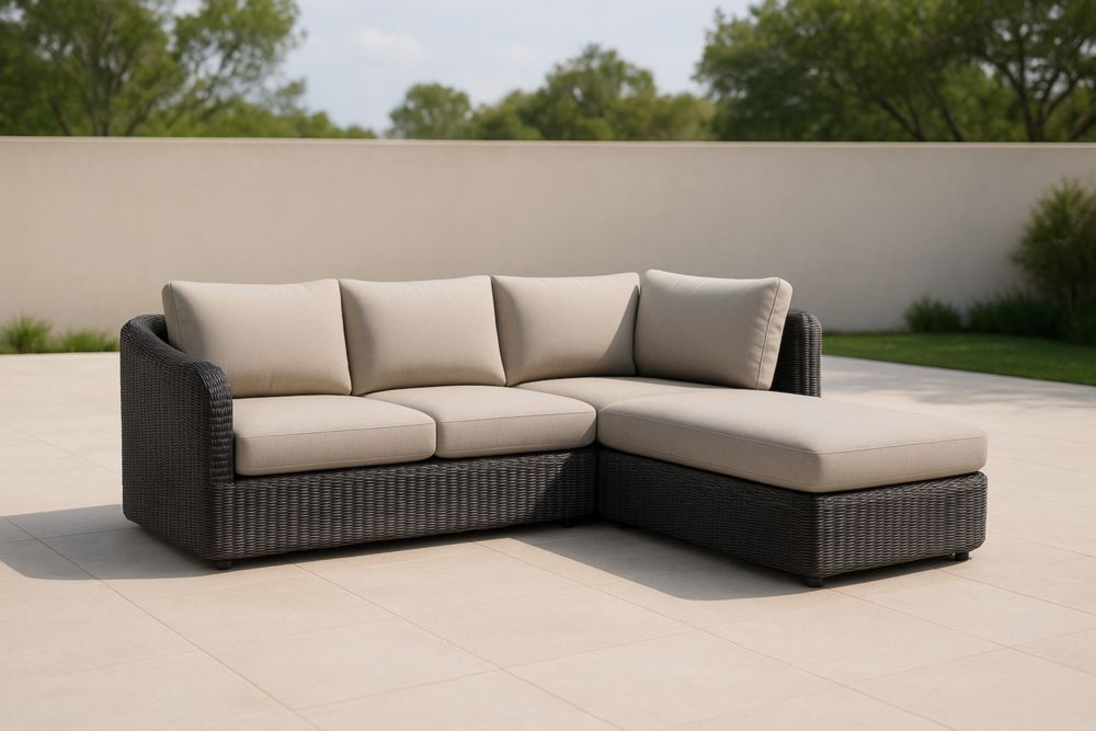 Divano ad angolo in rattan sintetico con cuscini in poliestere beige