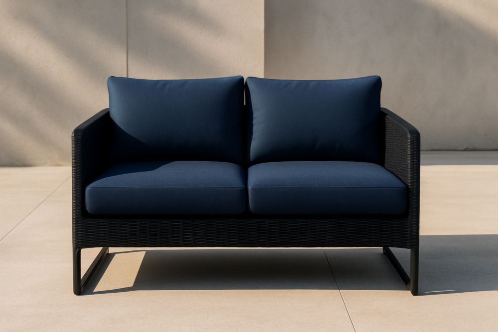 Divano a due posti in rattan sintetico nero con cuscini blu