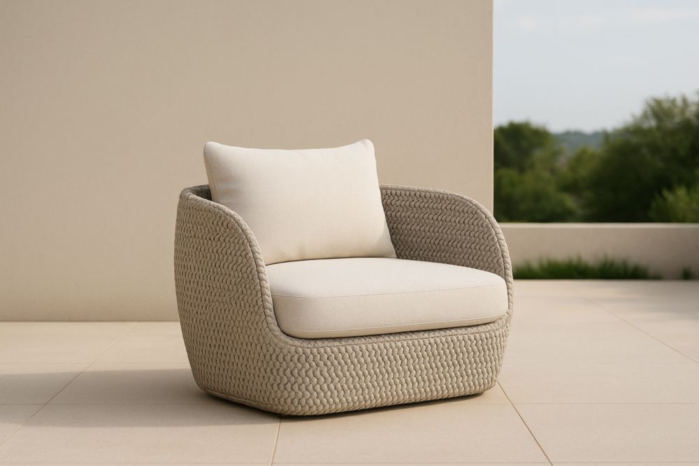 Poltrona da Esterno in Rattan Sintetico Beige con Cuscino Imbottito