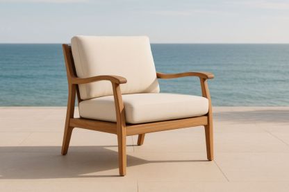 Poltrona da Esterno in Legno con Cuscini in Tessuto Crema