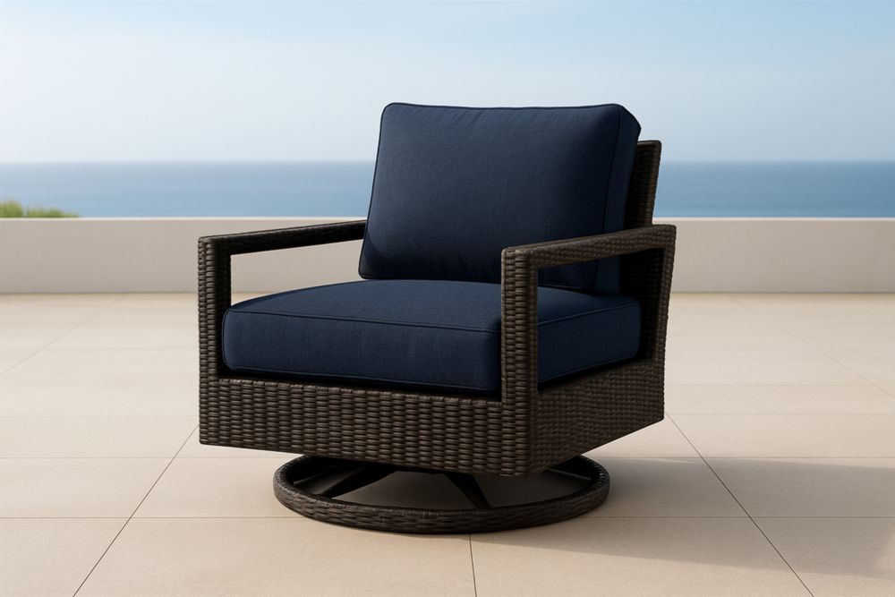 Poltrona da Esterno in Rattan con Cuscini in Poliestere Blu Girevole