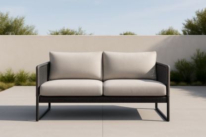 Divano da Esterno in Rattan Due Posti Cuscini Sfoderabili Nero Sabbia