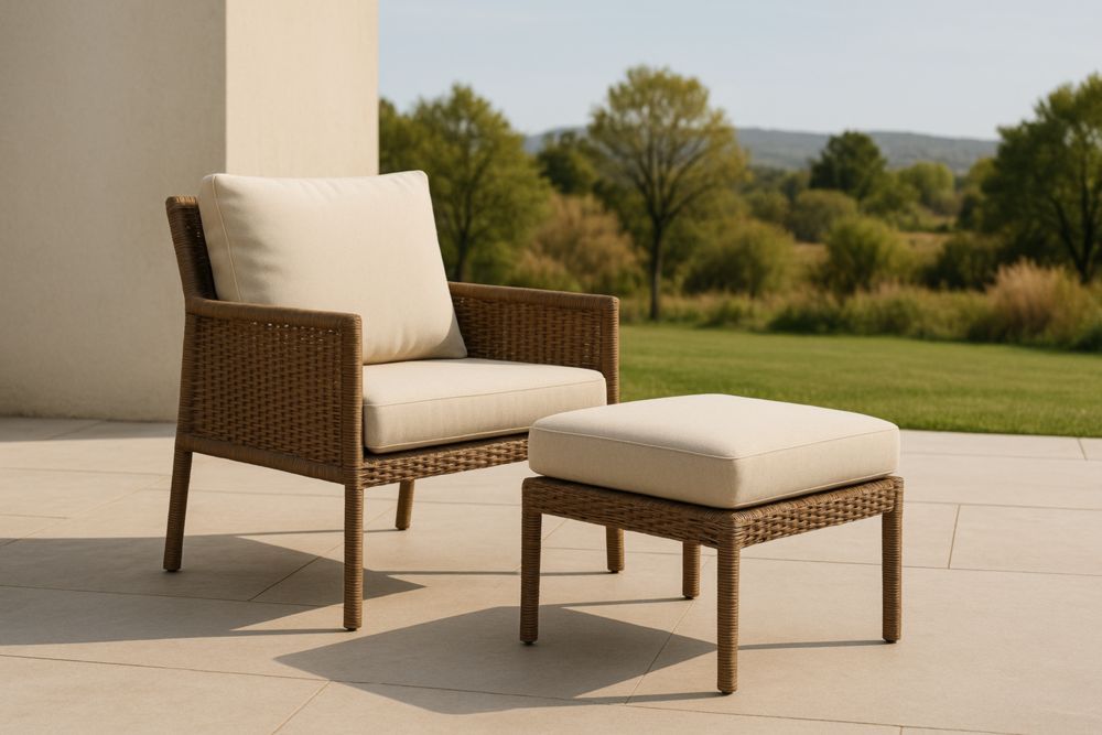 Set di Poltrona e Poggiapiedi in Rattan con Cuscini in Poliestere Beige