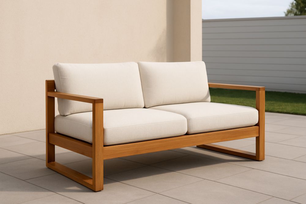 Divano a due posti in legno massello di teak con cuscini in tessuto Beige