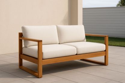 Divano a due posti in legno massello di teak con cuscini in tessuto Beige