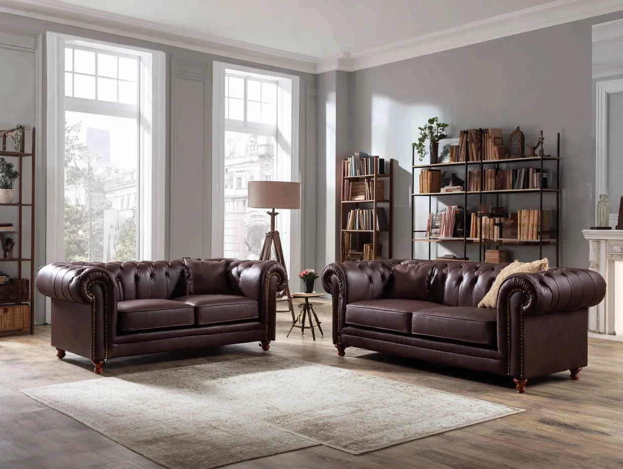 Sofa-Set 2-Sitzer - echtes Leder - 165x90x75 cm - dunkelbraun - für Wohnzimmer - klassisches Design-Warmthano