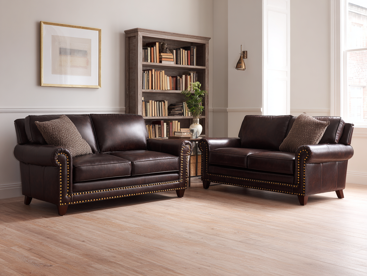2-Sitzer-Ledersofa-Set mit Massivholzrahmen - 165x95x90 cm - Dunkelbraun - Für Wohnzimmer - Klassisches Design-Warmthano