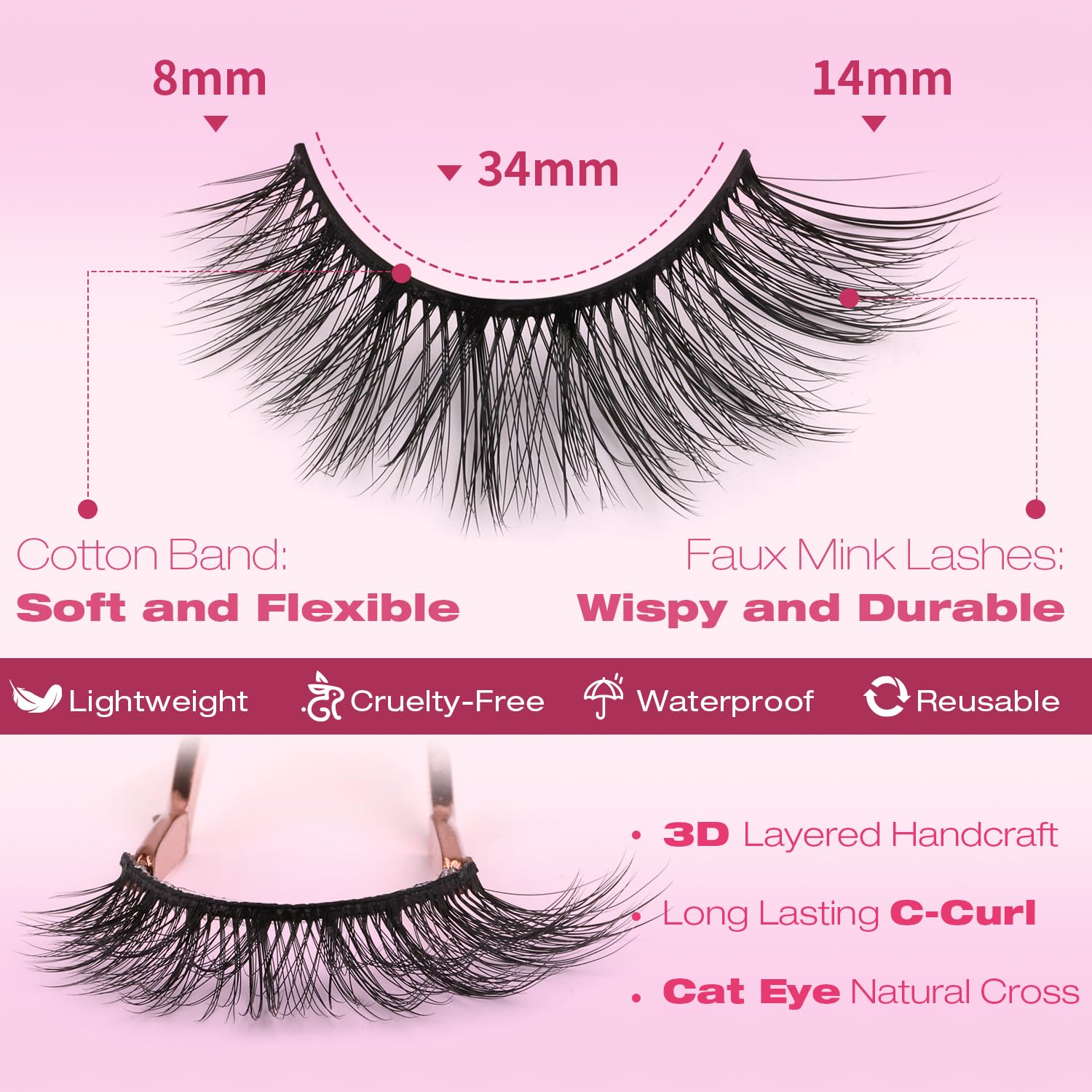 False Eyelashes 14mm Faux 3D Mink Lashes Natural Look Cat Eye Wispy Lashes Pack