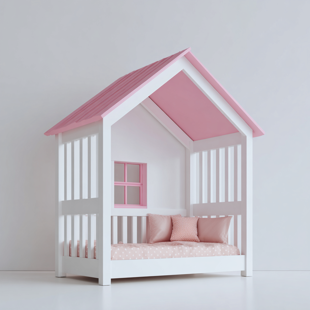 Lit enfant-bois-160x78x182 cm-blanc-rose-style cabane-Cozyilo