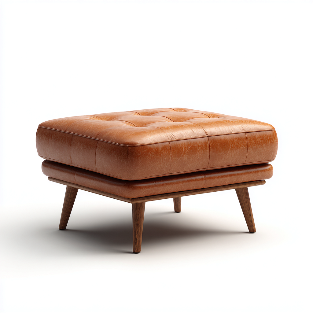 Pouf - Cuir-Bois - 65x65x45 cm - Marron - Style Mid-Century-Cozyilo