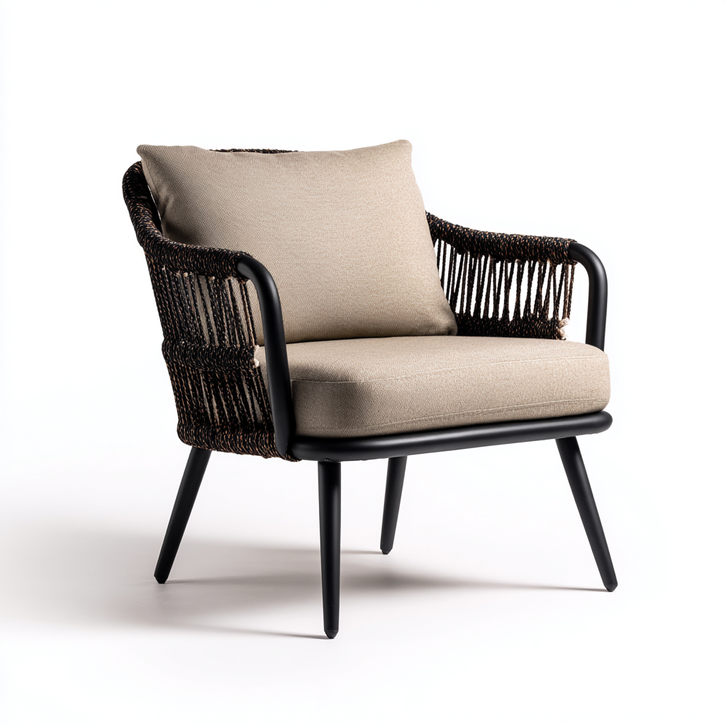 Fauteuil de jardin - métal - corde tressée - tissu - 72x74x80 cm - beige-noir - style contemporain-Cozyilo