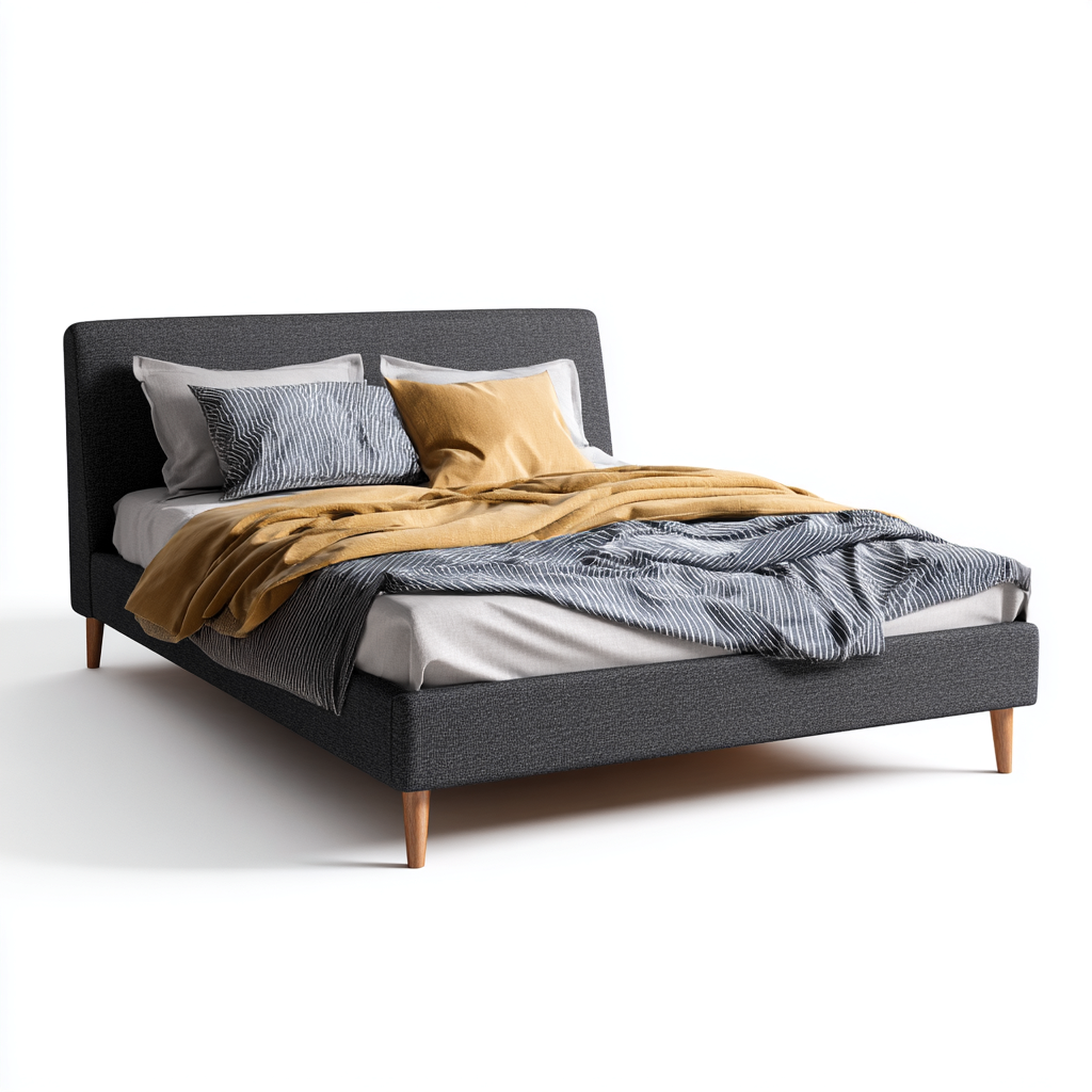 Lit double - tissu - bois - 206x166x36 cm - gris - design scandinave-Cozyilo