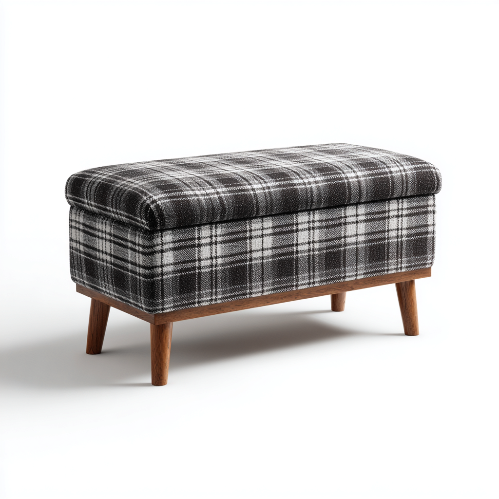 Banc de lit - tissu écossais-bois - 78x34x42 cm - noir-gris - style scandinave-Cozyilo