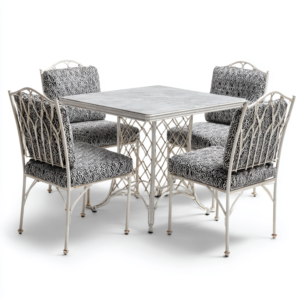 Ensemble table et chaises-pierre-tissu-métal-110x110x75 cm-blanc-noir-style contemporain-Cozyilo