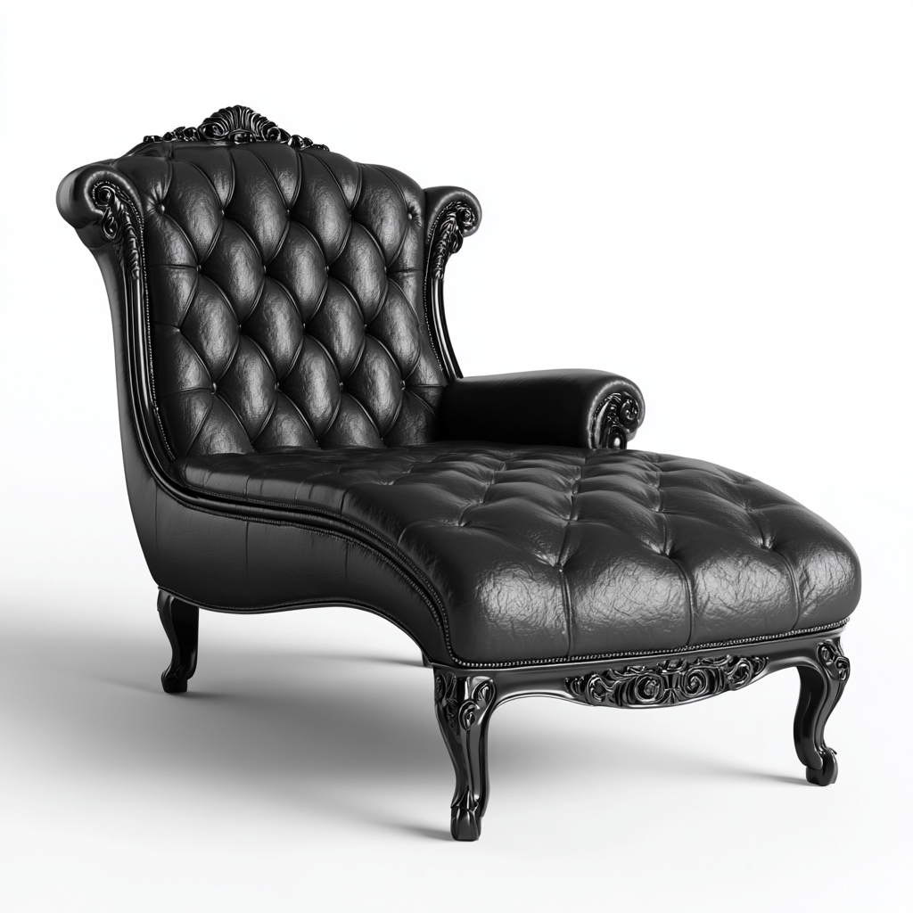 Chaise longue - Similicuir-Bois sculpté - 160x70x95 cm - Noir - Style baroque capitonné-Cozyilo