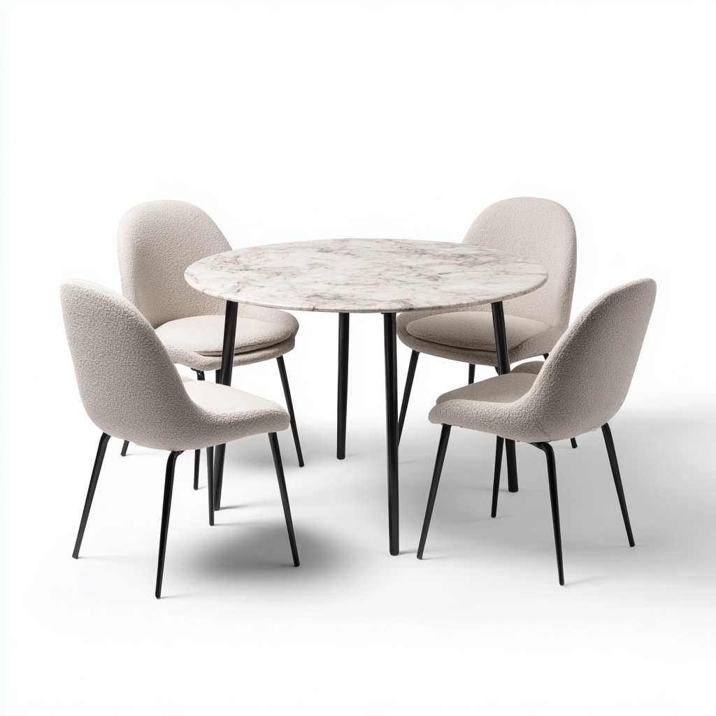 Ensemble table et chaises - marbre-métal-tissu - 120x120x75 cm - beige-blanc-noir - style contemporain-Cozyilo