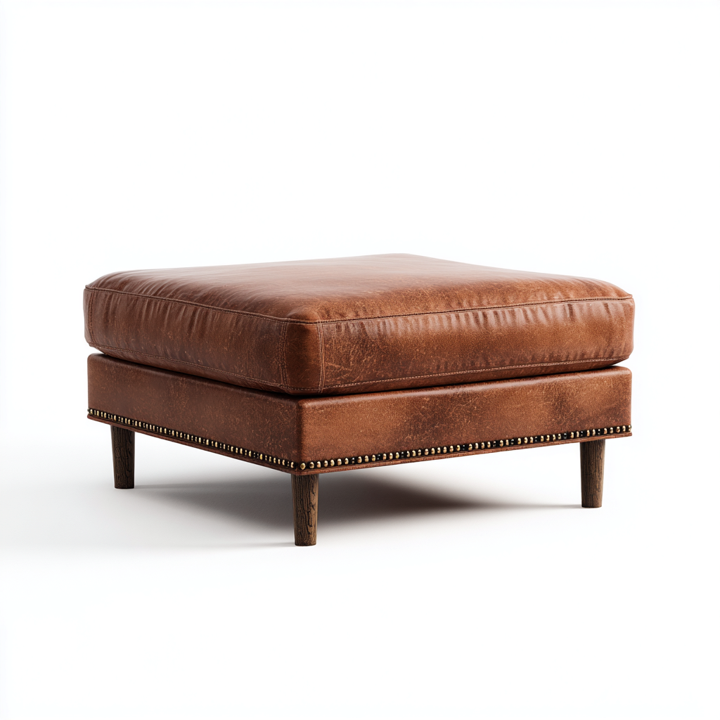 Pouf - Cuir-Bois - 70x70x45 cm - Marron - Style Classique-Cozyilo