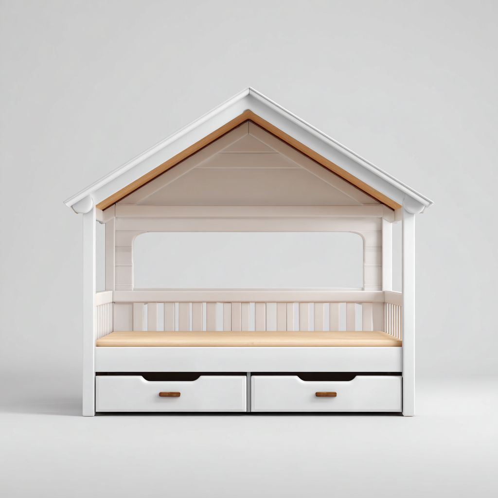 Lit enfant-bois-160x80x170 cm-blanc-bois naturel-style cabane-Cozyilo