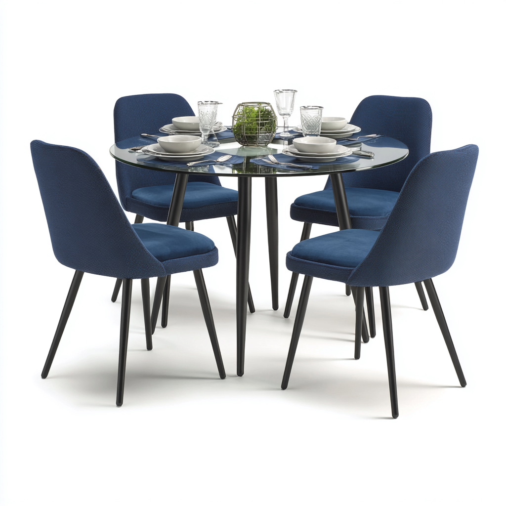 Ensemble table et chaises-verre-tissu-métal-105x105x75 cm-bleu-noir-style contemporain-Cozyilo