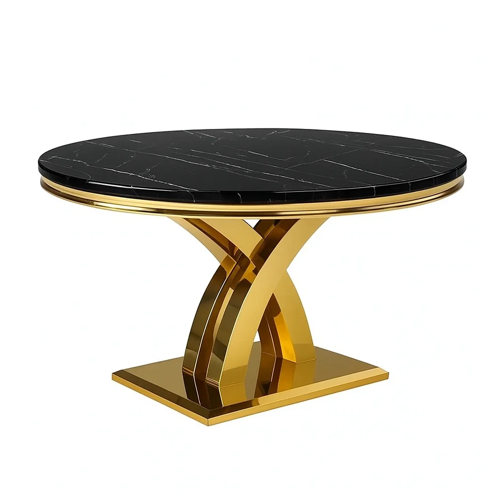 Table ronde en marbre noir avec base en acier inoxydable doré-Mobitroa