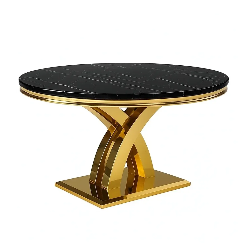 Table ronde en marbre noir avec base en acier inoxydable doré-Mobitroa