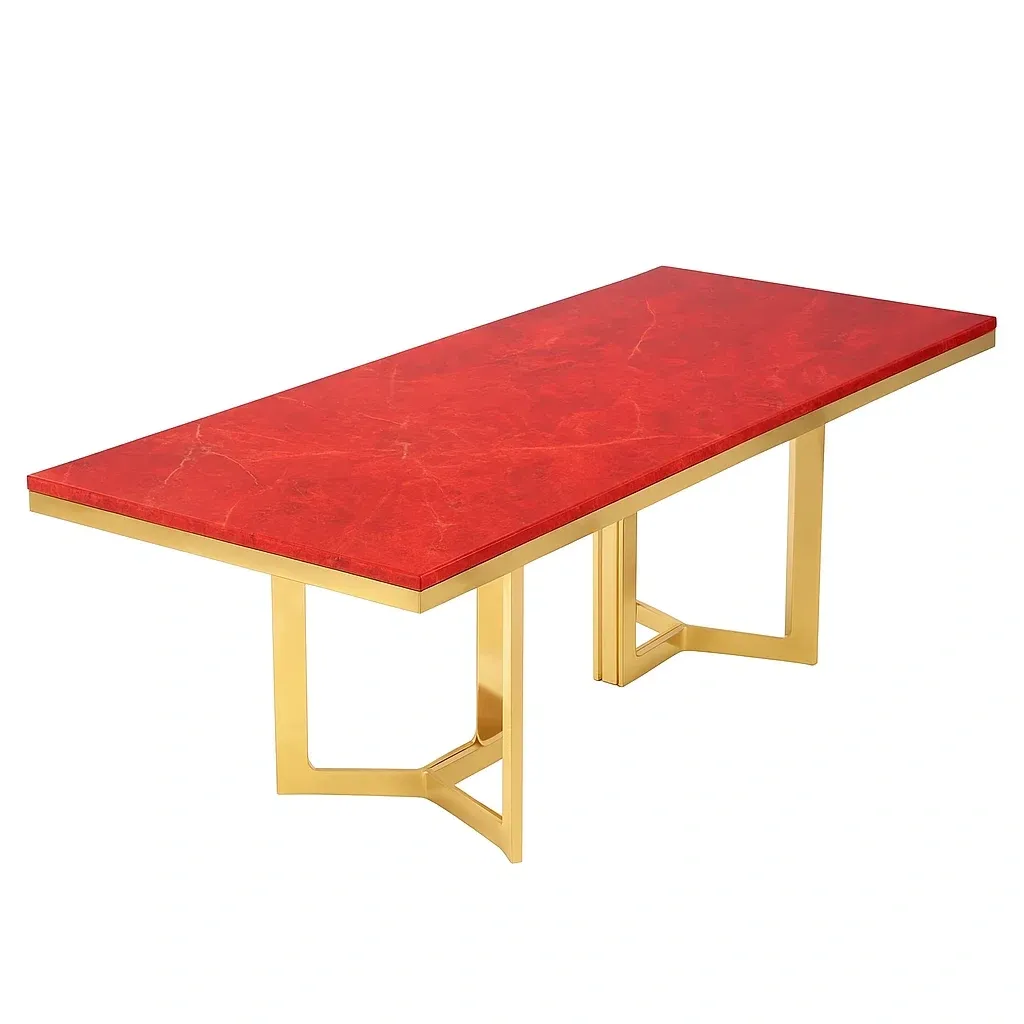 Table en marbre rouge avec pieds en acier doré 180x90x75 cm-Mobitroa
