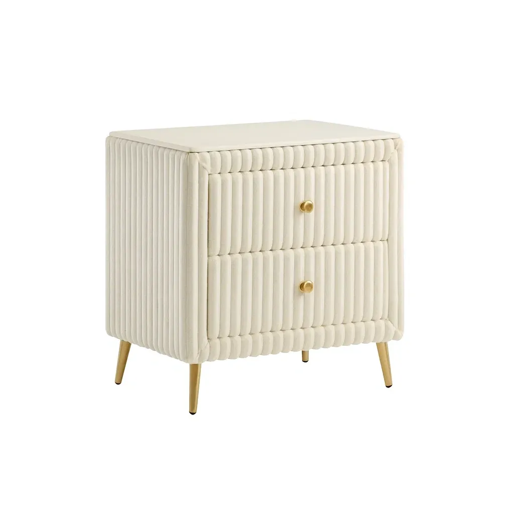 Table de chevet en velours crème avec 2 tiroirs 60x40x78 cm-Mobitroa