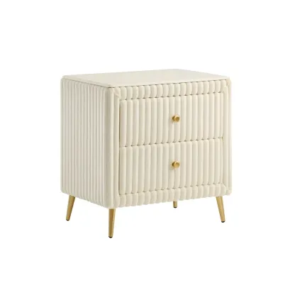 Table de chevet en velours crème avec 2 tiroirs 60x40x78 cm-Mobitroa
