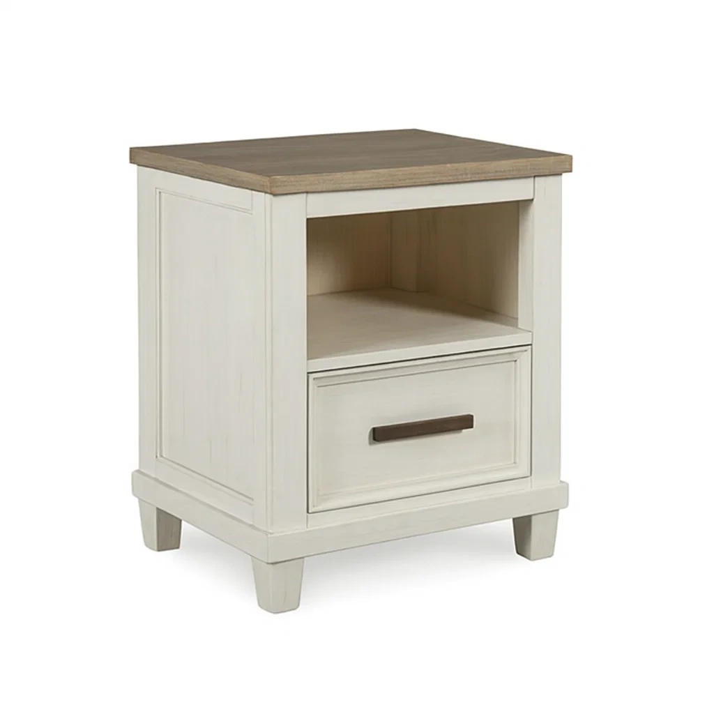 Table de chevet en bois d’ingénierie et pin avec tiroir et étagère ouverte blanc/marron-Mobitroa