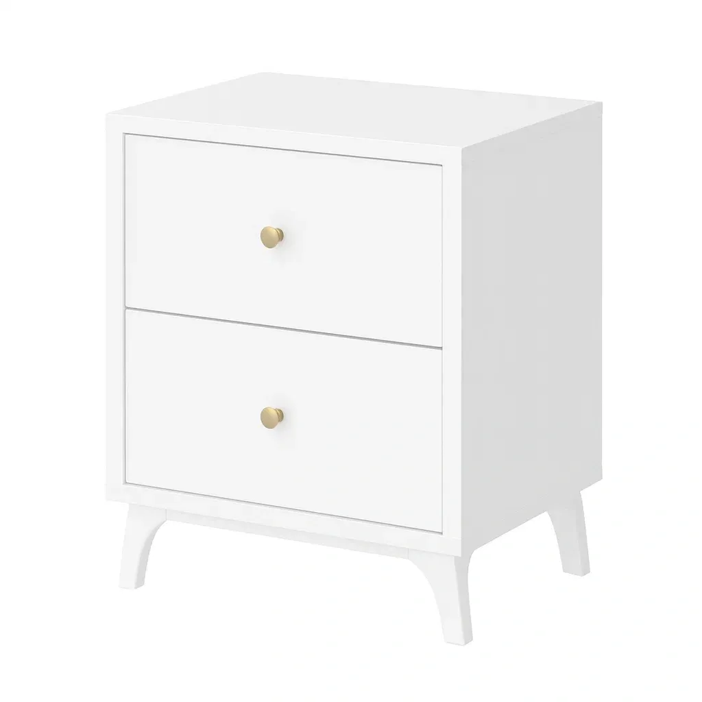 Table de chevet en MDF blanc avec 2 tiroirs et poignées en métal-Mobitroa