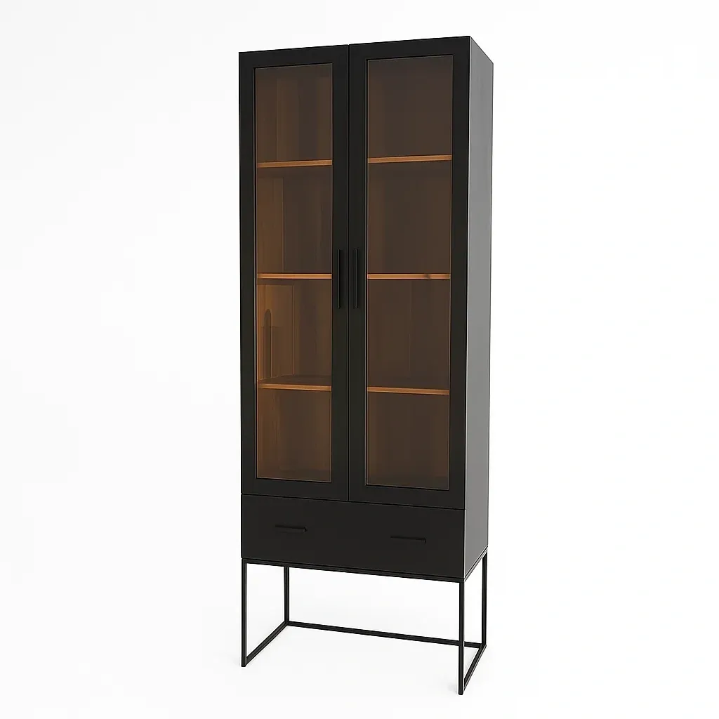 Vitrine d'exposition en bois noir avec portes en verre trempé et pieds en métal 180x80x40 cm-Mobitroa