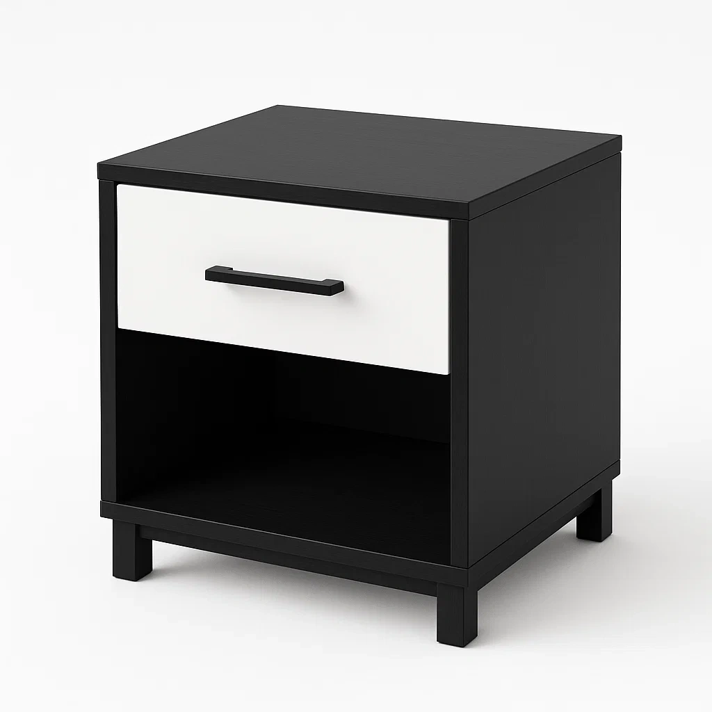 Table de chevet en panneaux de particules noir et blanc avec 1 tiroir-Mobitroa