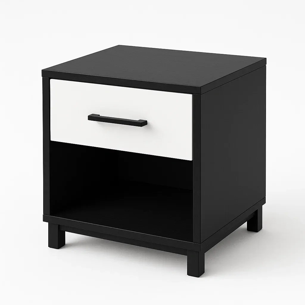 Table de chevet en panneaux de particules noir et blanc avec 1 tiroir-Mobitroa
