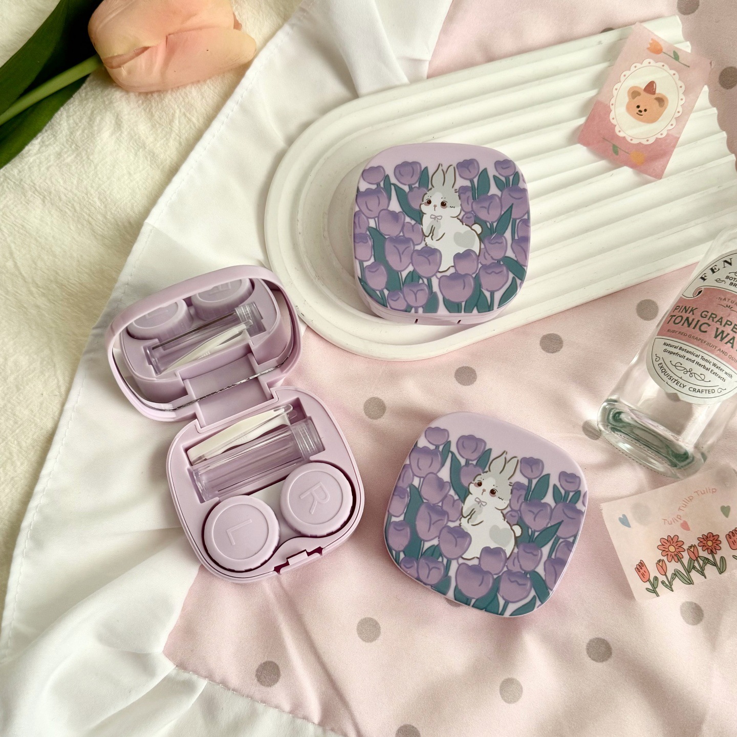 Oil Painting Tulip Rabbit Coloured Contact Lens Case