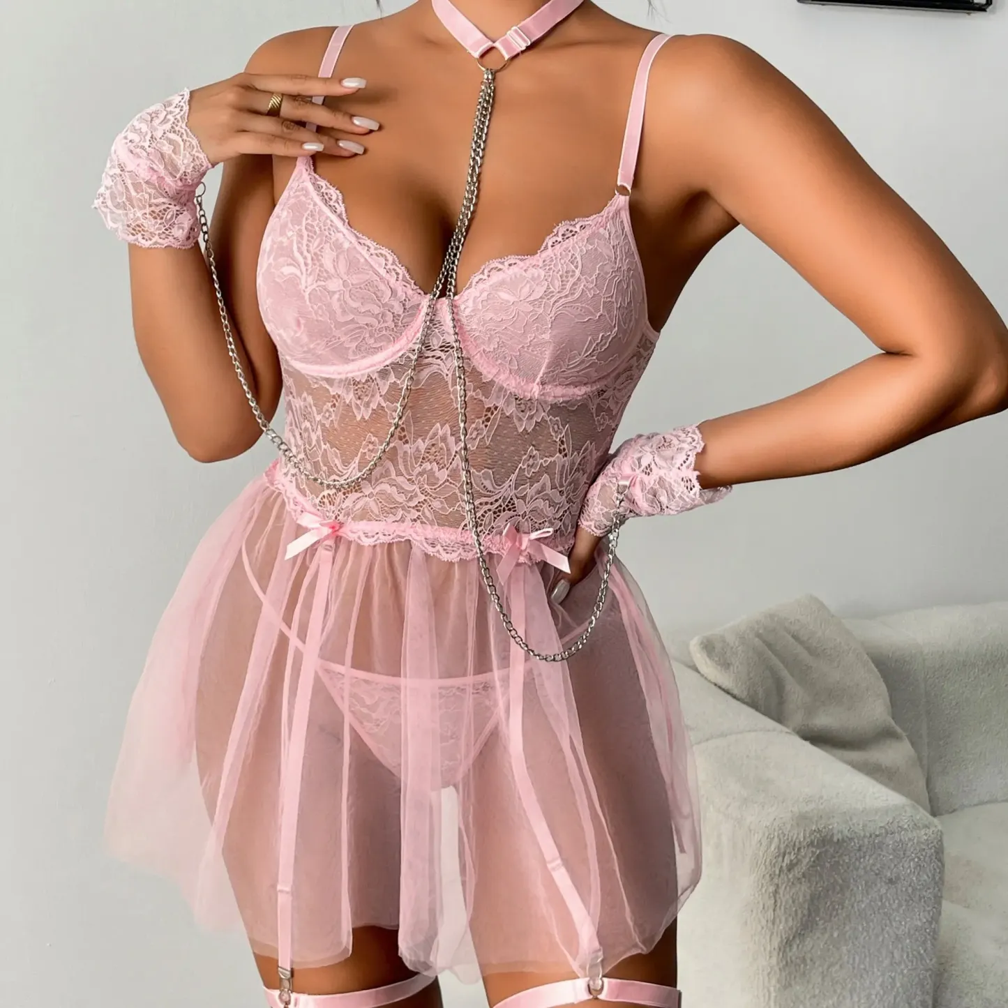  Lingerie for Women Lace Underwire Lingerie Set with Garter and Chain Sleepwear SpringStatements