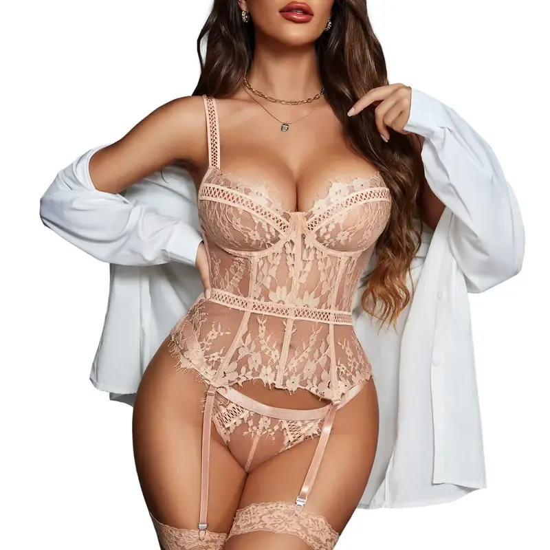 Bridal Lace Bodysuit Set – 4-Piece with Garter Belt, Adjustable Straps, S-XXL (Fits Small)