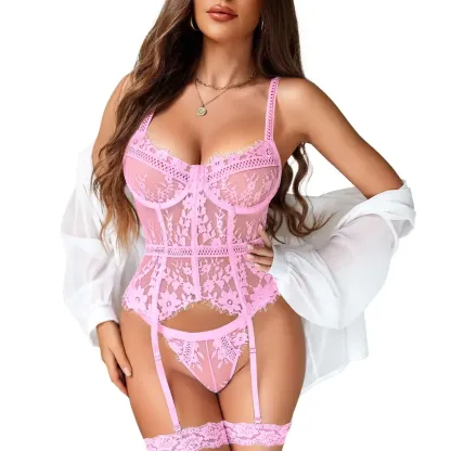 Bridal Lace Bodysuit Set – 4-Piece with Garter Belt, Adjustable Straps, S-XXL (Fits Small)