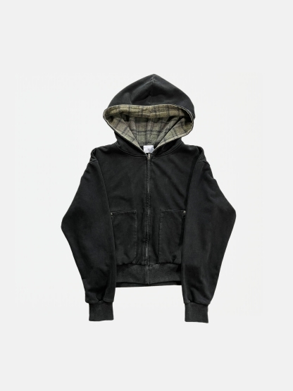 LAZY PLAID‑LINED ZIP UP HOODIE