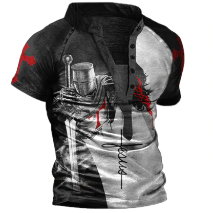 Templar Jesus Cross Men's Vintage Print Henley T-Shirt