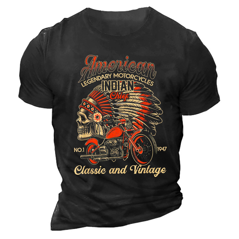 Men's Vintage American Motorcycle Indian Old Biker Cotton T-Shirt