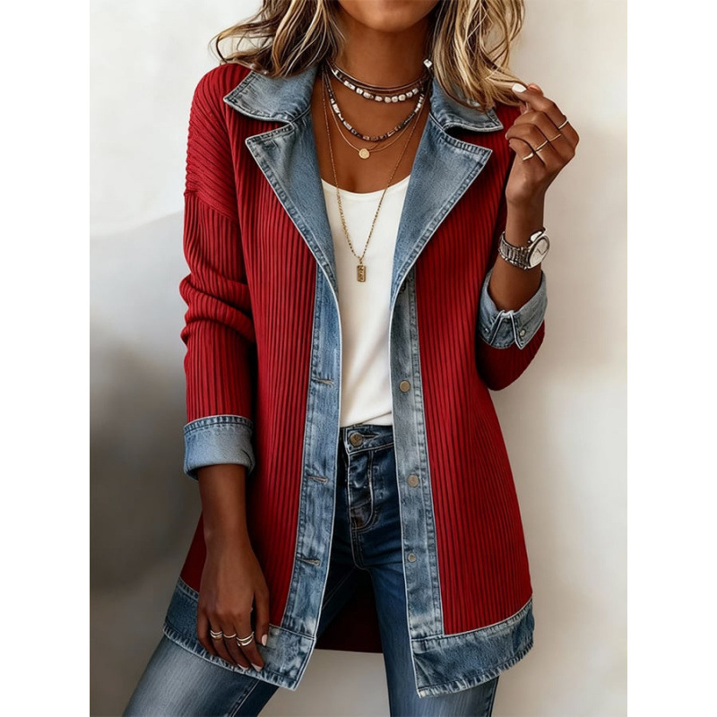 Jeans‑Splice Strickjacke im Fake‑Zwei‑Teile‑Look | Baumwoll‑Strickjacke für Damen