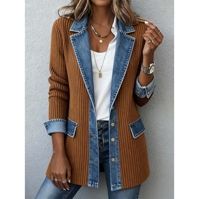 Jeans‑Splice Strickjacke im Fake‑Zwei‑Teile‑Look | Baumwoll‑Strickjacke für Damen