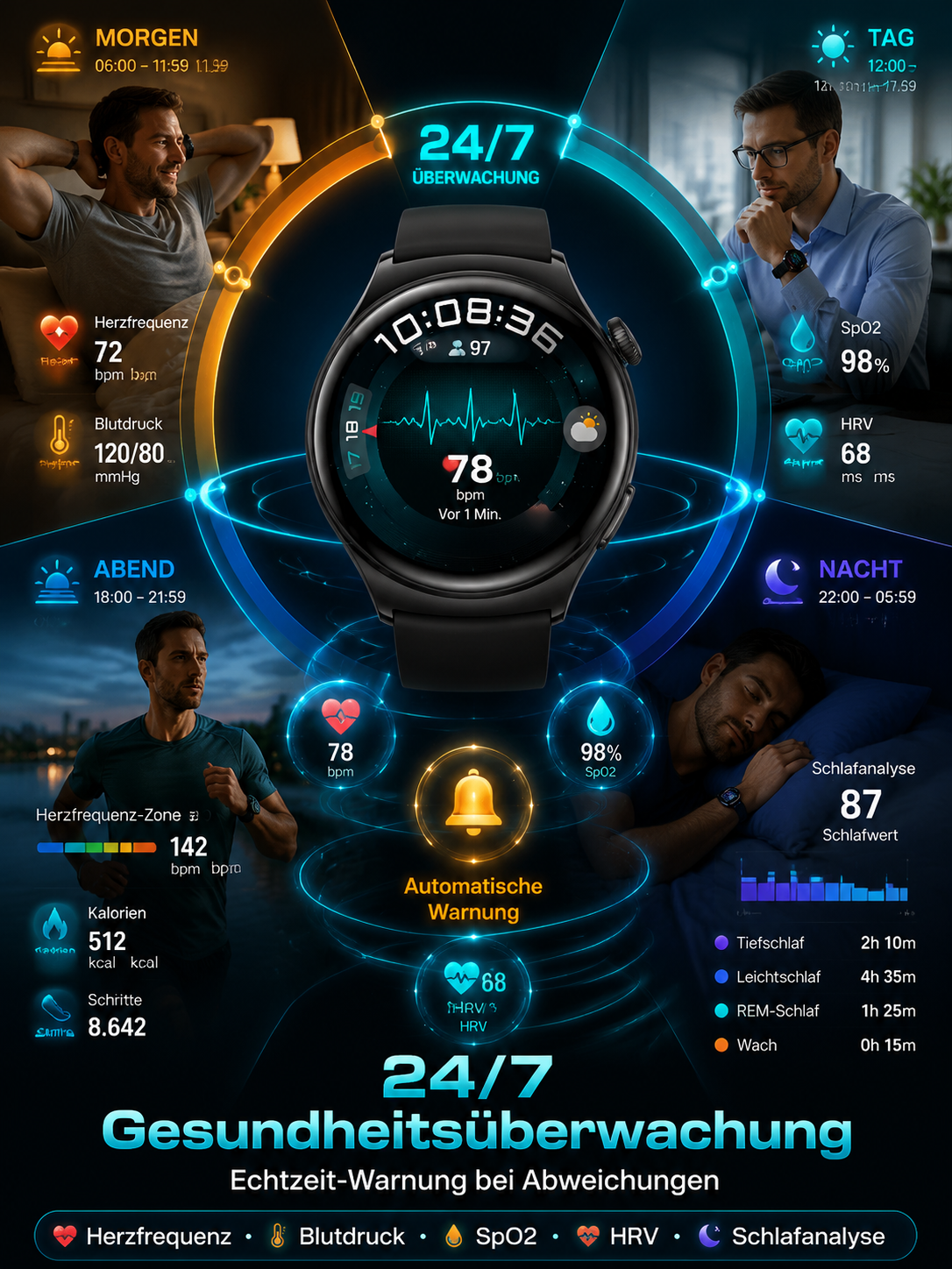 Hightech Smartwatch | 8 Gesundheitswerte 24/7, 13 Sportmodi, IP7 200m Wasserdicht | Nur 1 Stunde zum Jahresniedrigpreis!