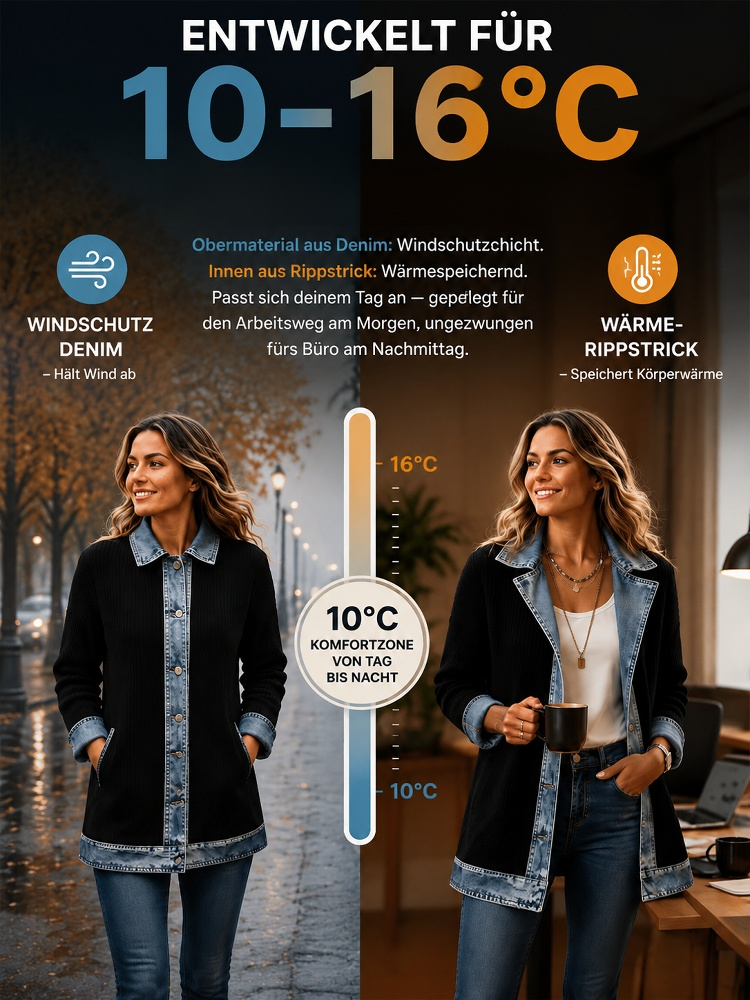 Jeans‑Splice Strickjacke im Fake‑Zwei‑Teile‑Look | Baumwoll‑Strickjacke für Damen