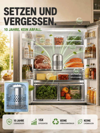 Fresh‑Core | Nano‑Katalyse‑Gerät für den Kühlschrank – Beseitigt Parasiten, Bakterien und Gerüche, Lebensmittel bleiben doppelt so lange frisch