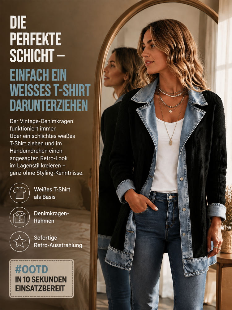 Jeans‑Splice Strickjacke im Fake‑Zwei‑Teile‑Look | Baumwoll‑Strickjacke für Damen