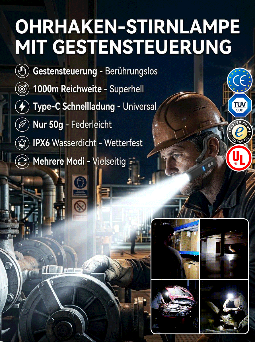 Ohr-Sensor-Stirnlampe – Kabellos & Berührungsfrei | Für Angler, Camping & Arbeit